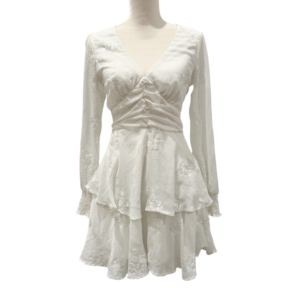 Francesca's Womens White Kathy Embroidered Floral V-Neck Tiered Mini Dress Small